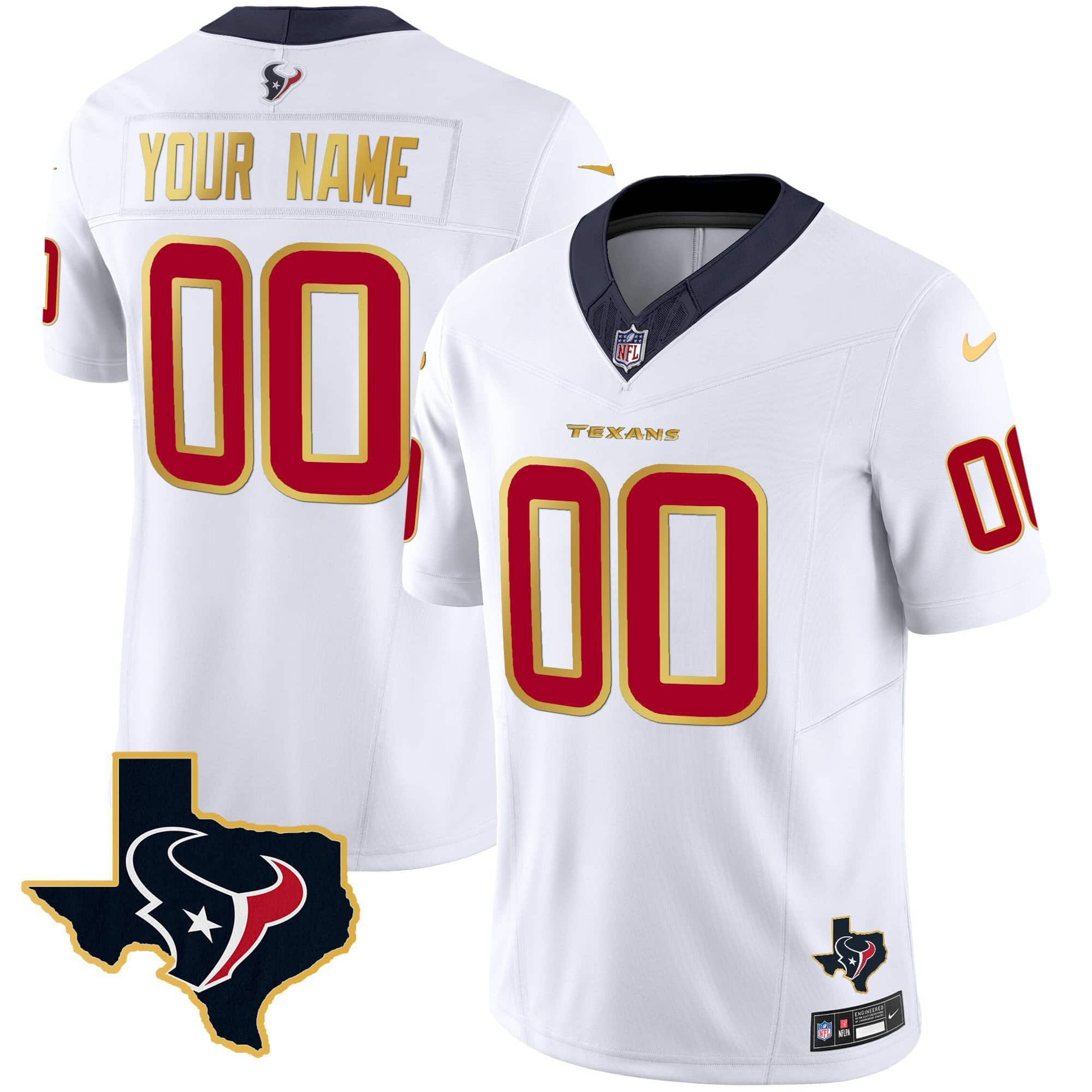 Men Houston Texans White Gold 2024 Nike Trim Vapor Custom NFL Jersey